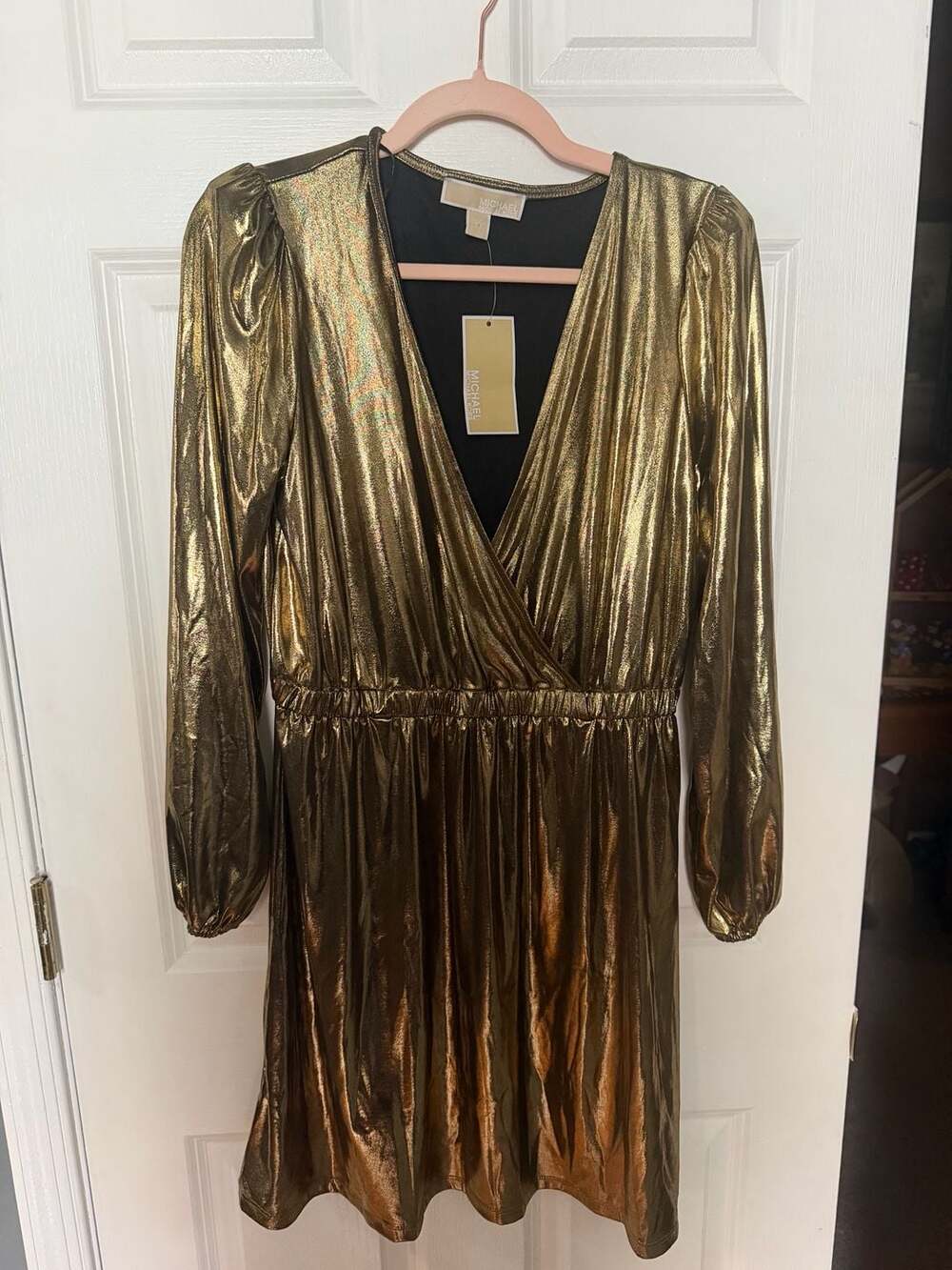 Michael Kors Women's Antique Brass Metallic V-Neck Long Sleeve Dress